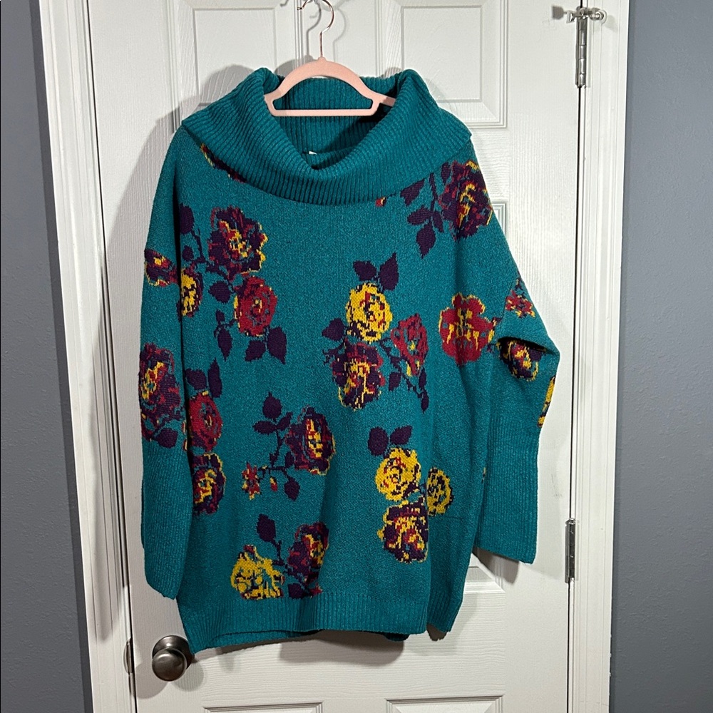 The Pioneer Woman Teal Floral Cowl Neck Sweater